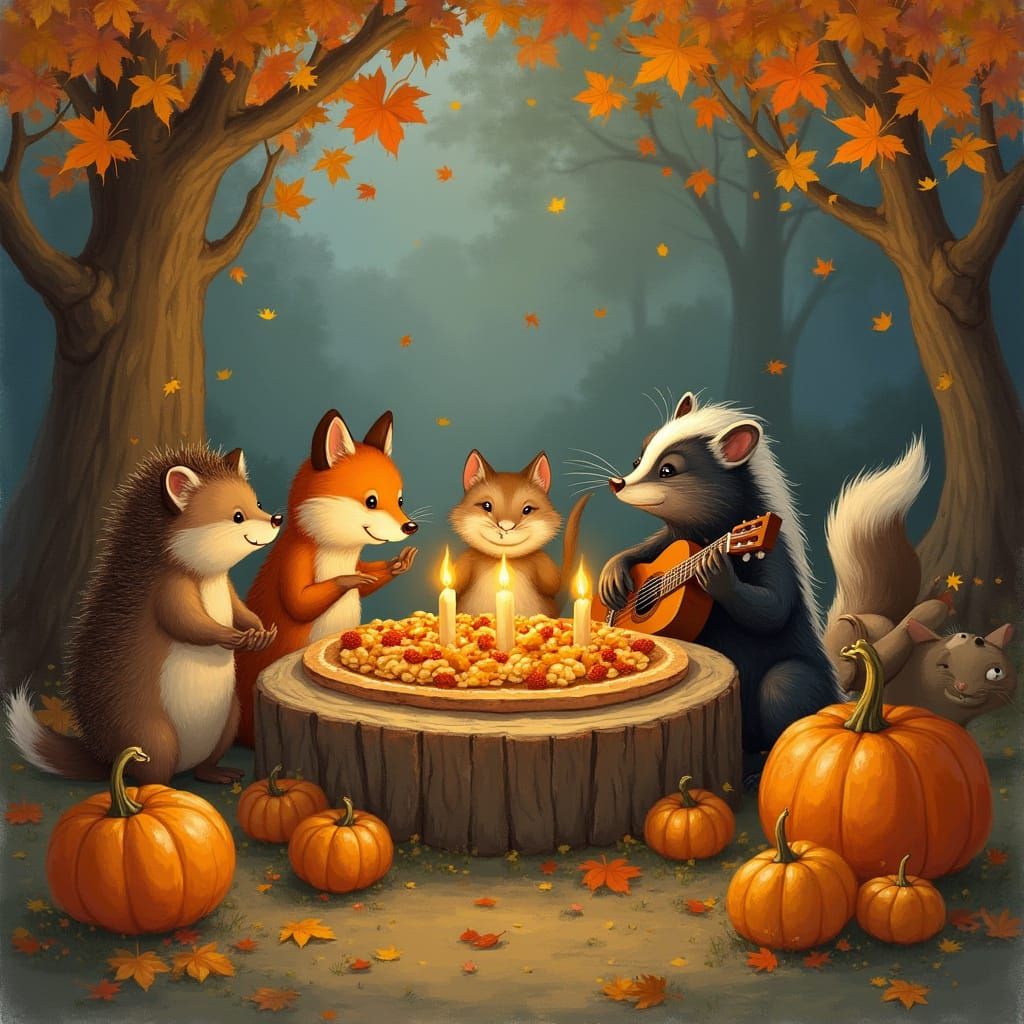 Woodland Animals Celebrate Thanksgiving Feast