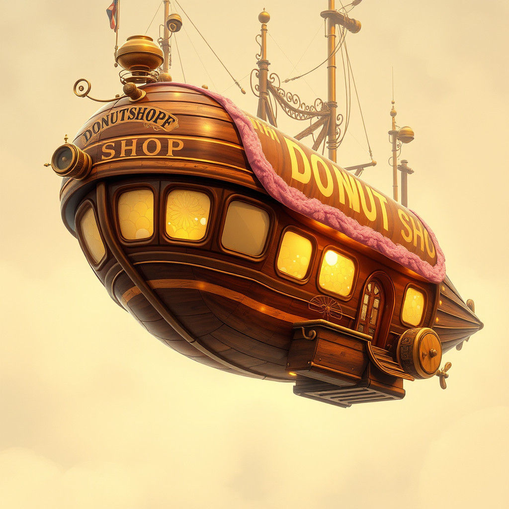 Fantasy Donut Shop Airship in Vintage Ad Style