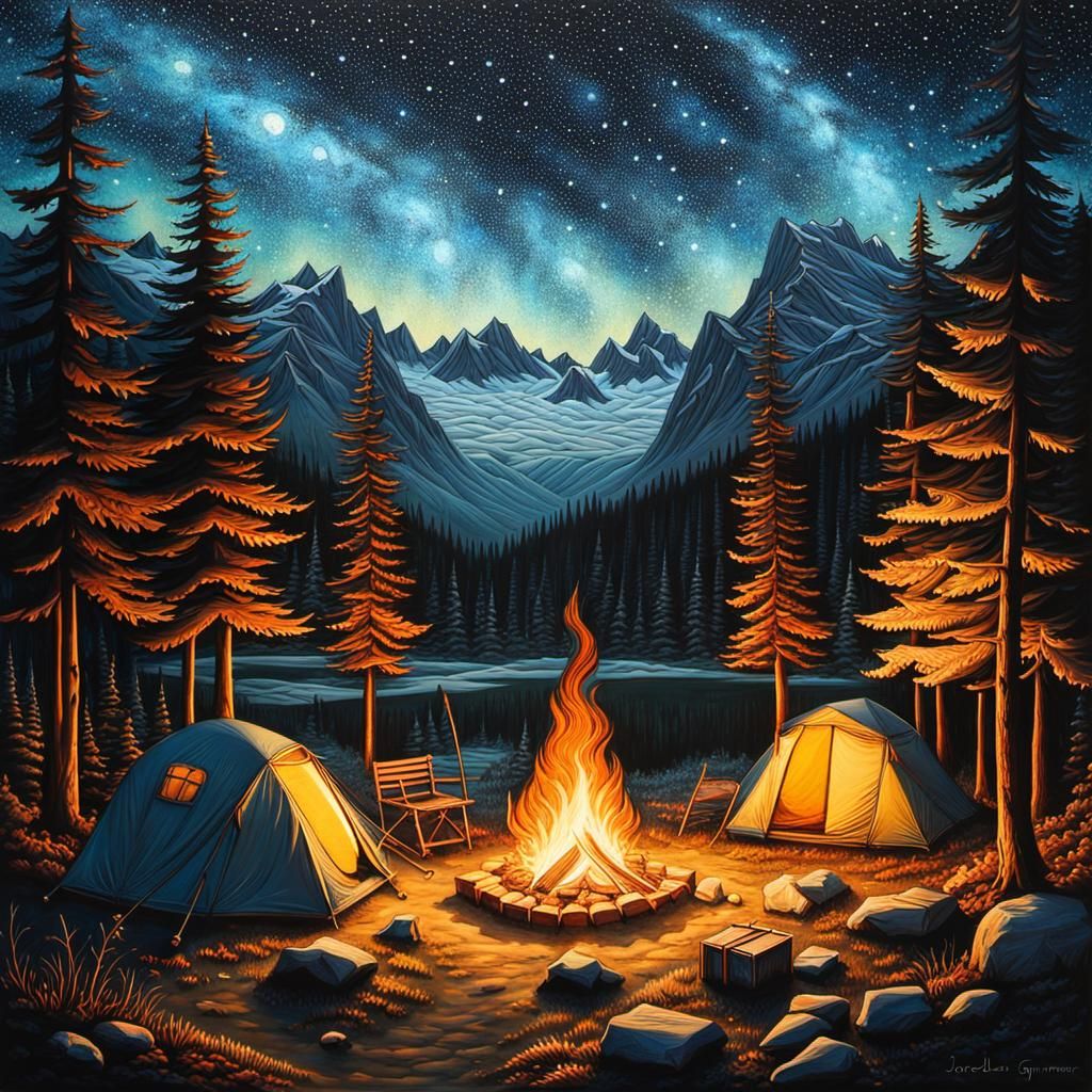 Encaustic Campsite Under Starry Surrealist Sky