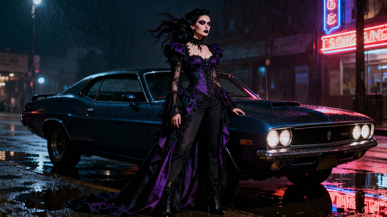 Gothic Model Poses With 70s Muscle Car