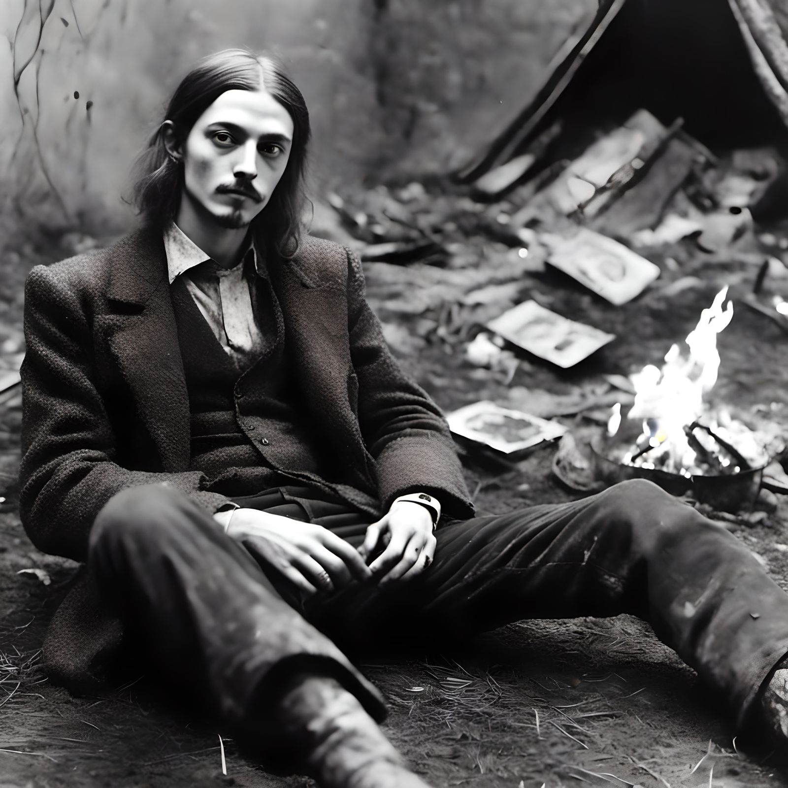 Vintage Black and White Photo of Man by Fire