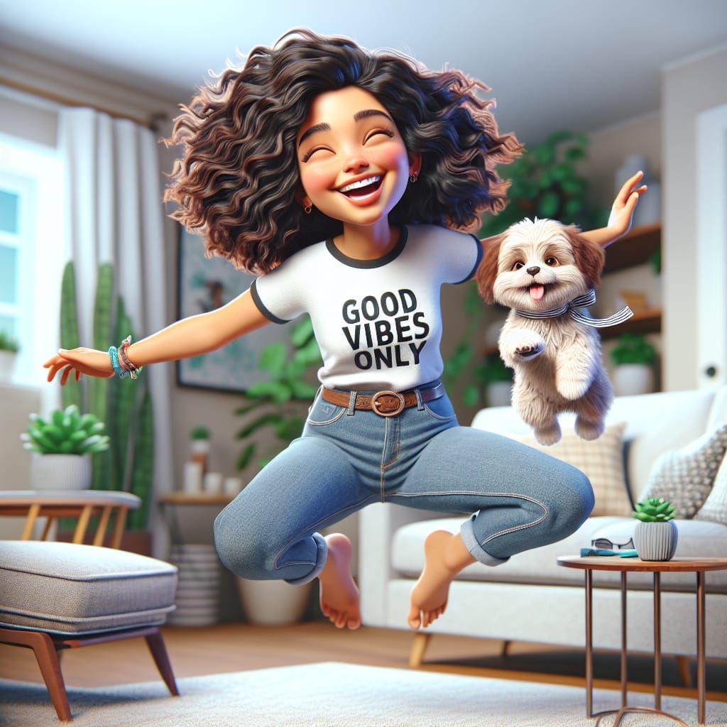 A 3D illustration of a beautiful joyful woman with curly bro...