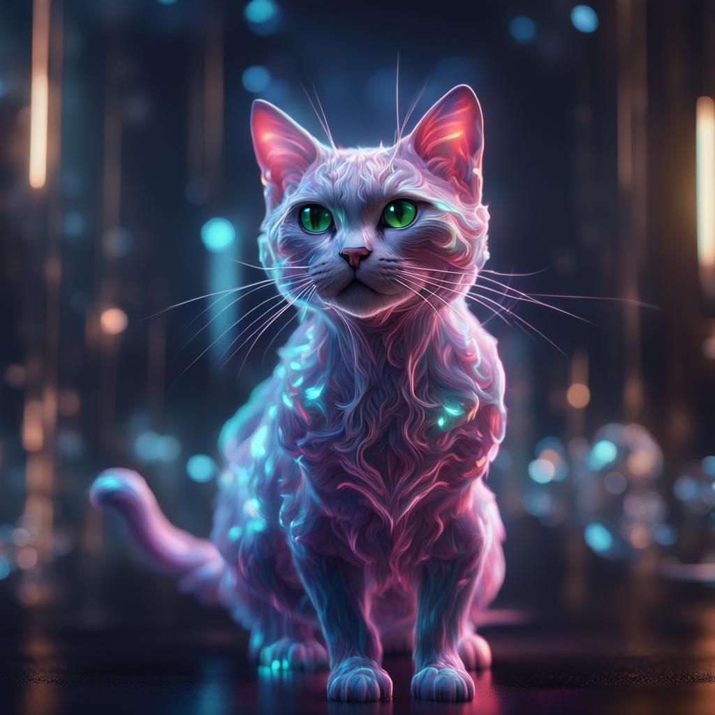 Transparent Cat Hologram in Detailed Matte Painting