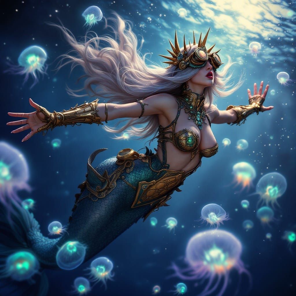 Steampunk Mermaid in Bioluminescent Twilight Ocean