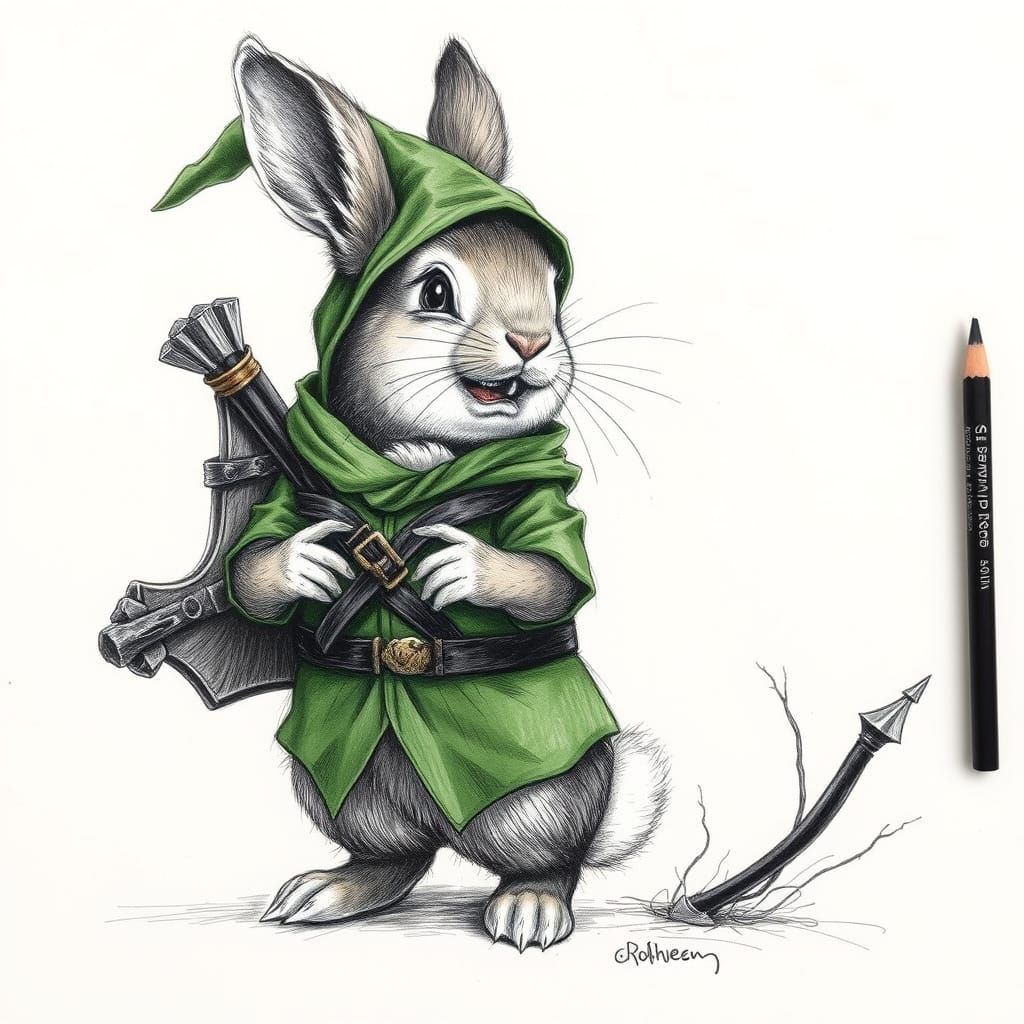 Bunny as Robin Hood: Detailed Charcoal Drawing