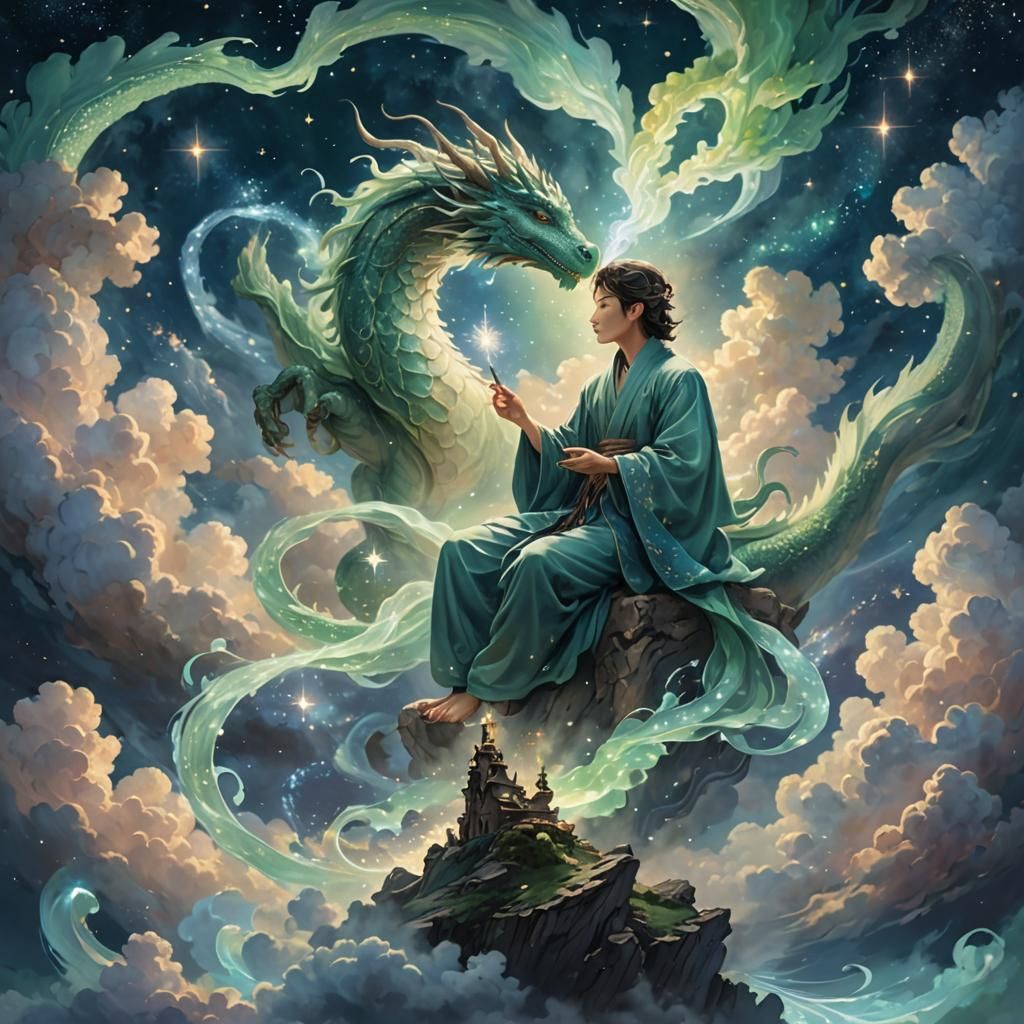 Cloud Sculptor Shaping Dragon in Starry Night Sky