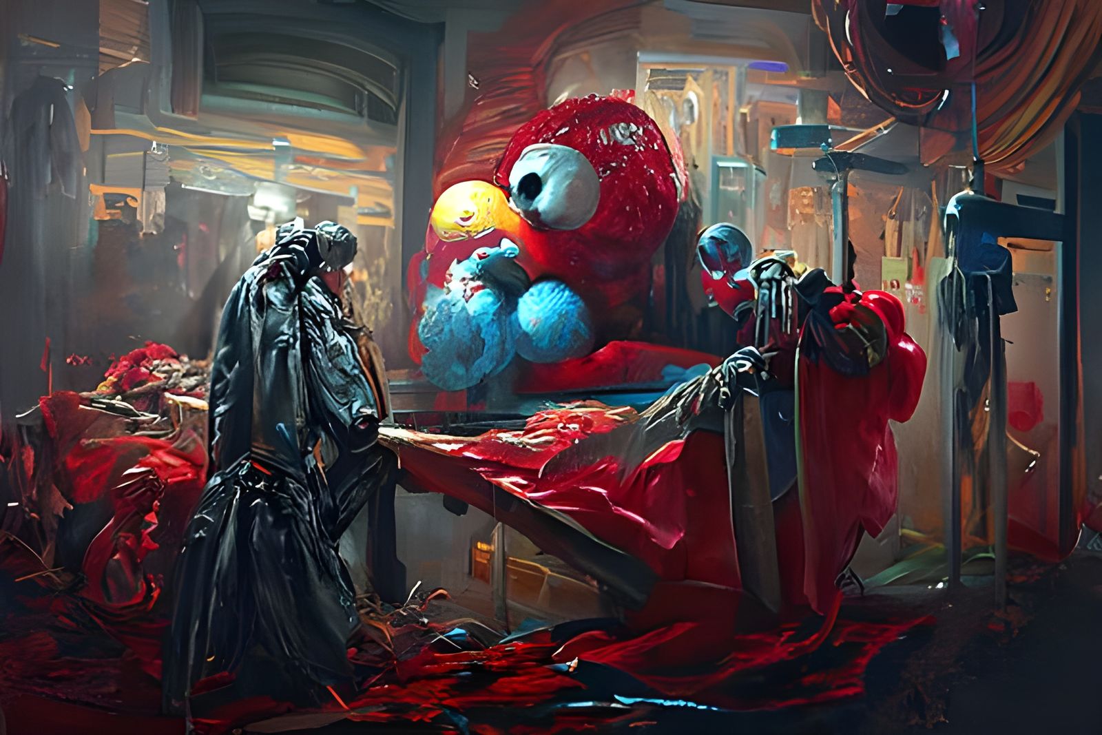 Elmo vs. Mr. Bill: Celebrity Deathmatch in Oil Painting