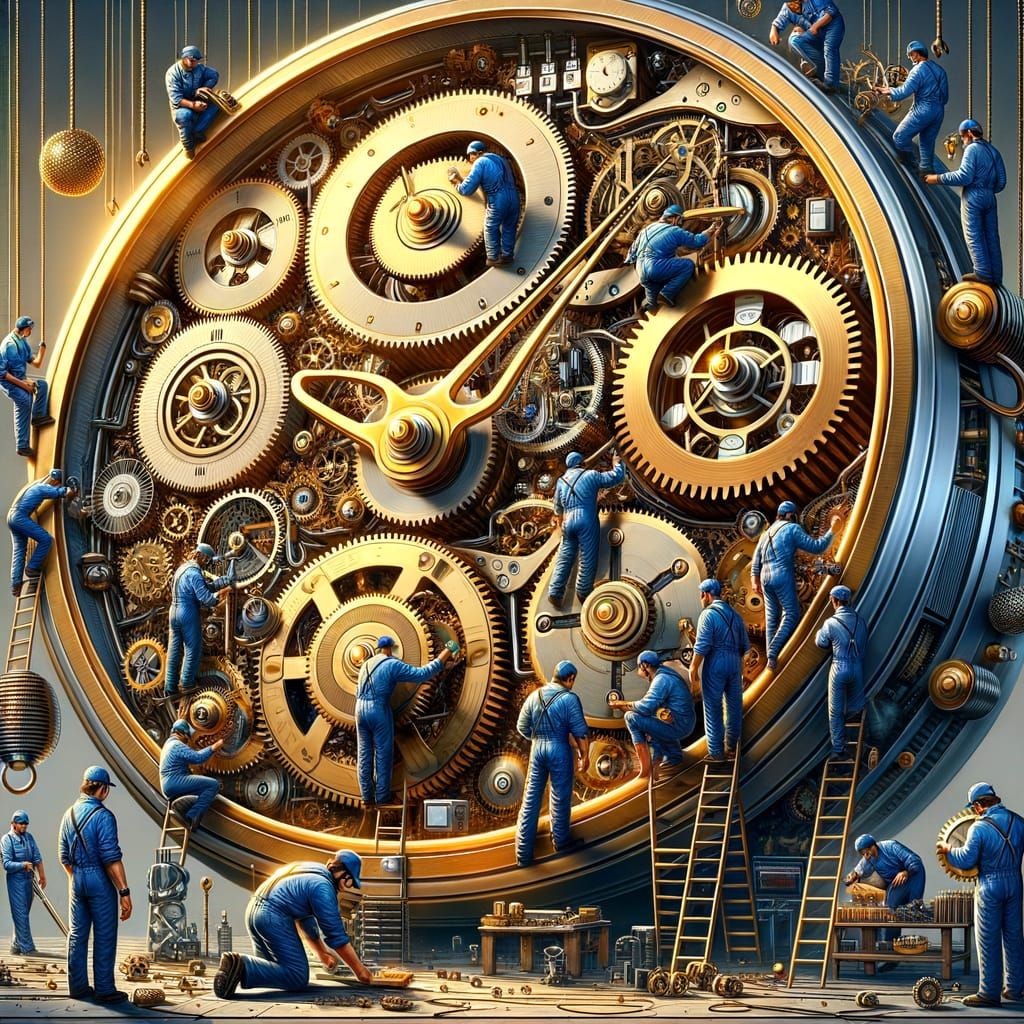 Tiny Technicians Adjusting Giant Futuristic Clock