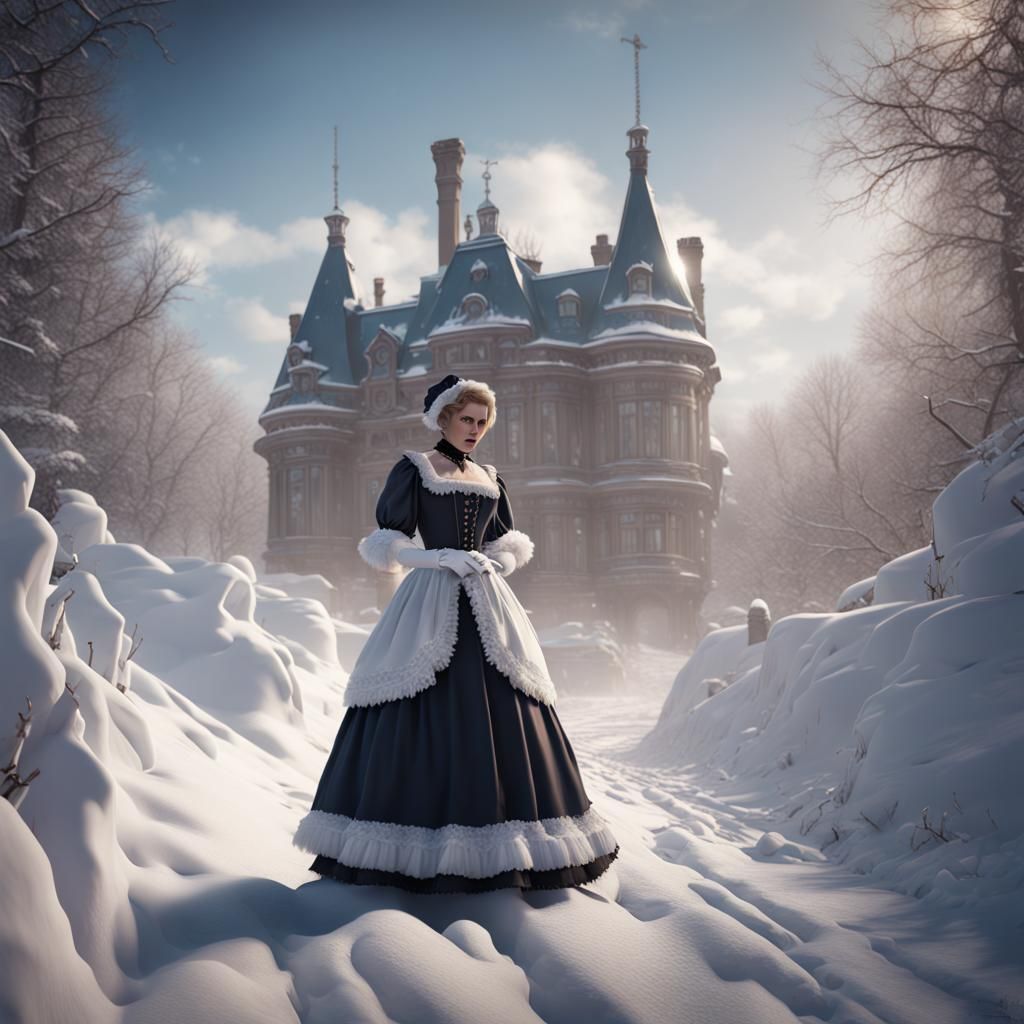 Maid Steps Through Snow: Detailed Digital Painting
