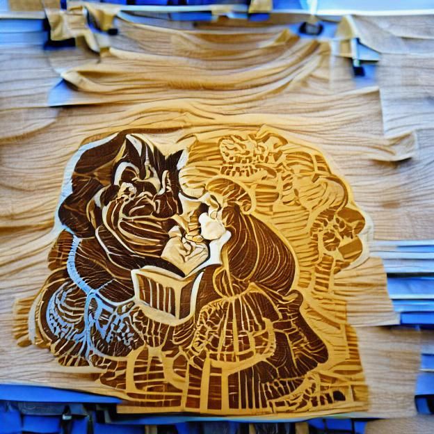 Beauty and the Beast in Woodcut Style