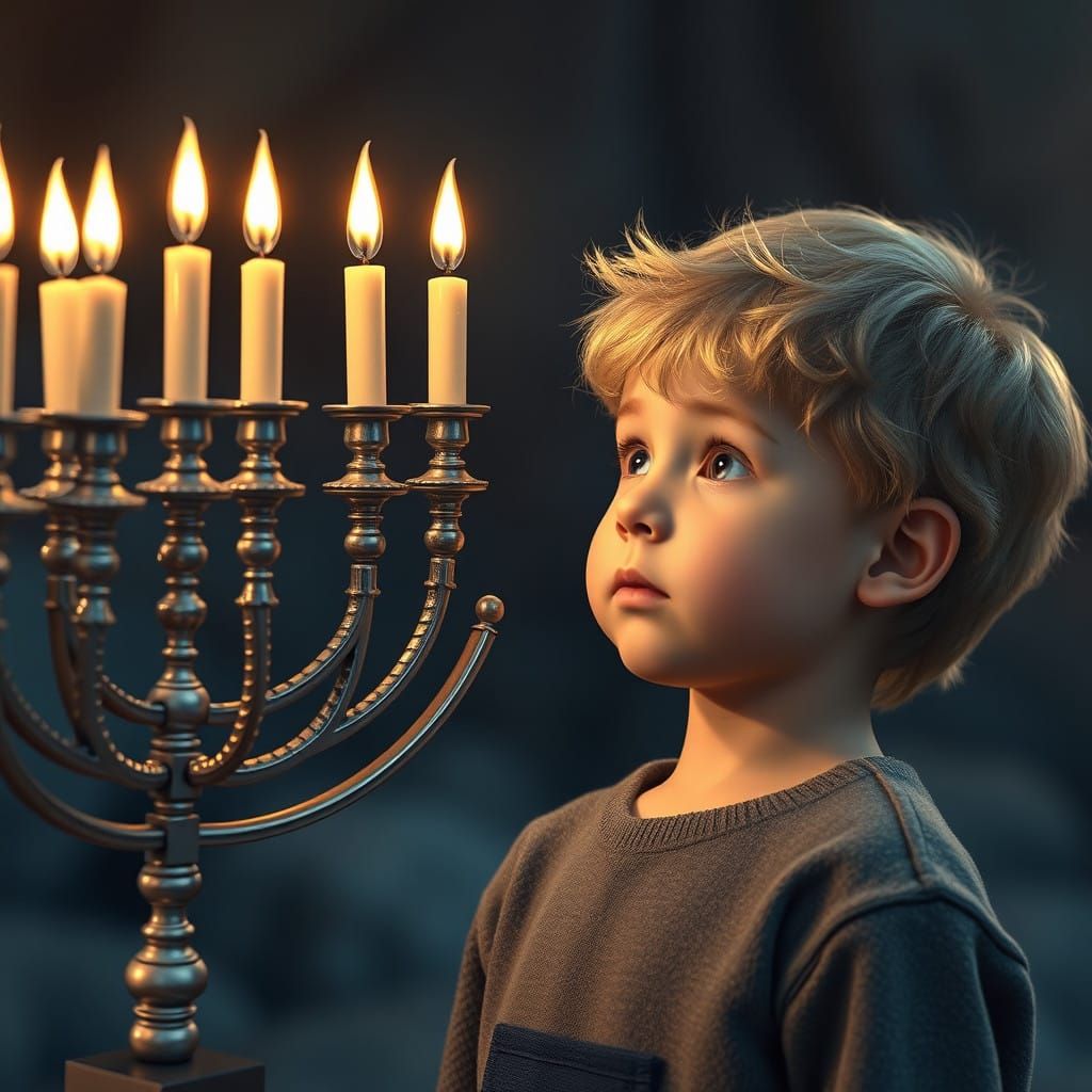 4-Year-Old Boy Marvels at Majestic Hanukkah Menorah in a Fan...