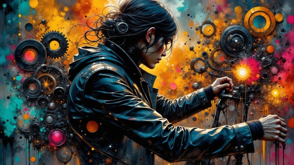 Philosopher Portrait with Motorcycle Gears in Fantasy Concep...
