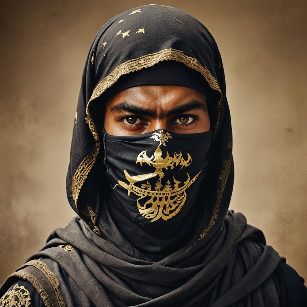 Intense Portrait of Masked Fighter with Flag