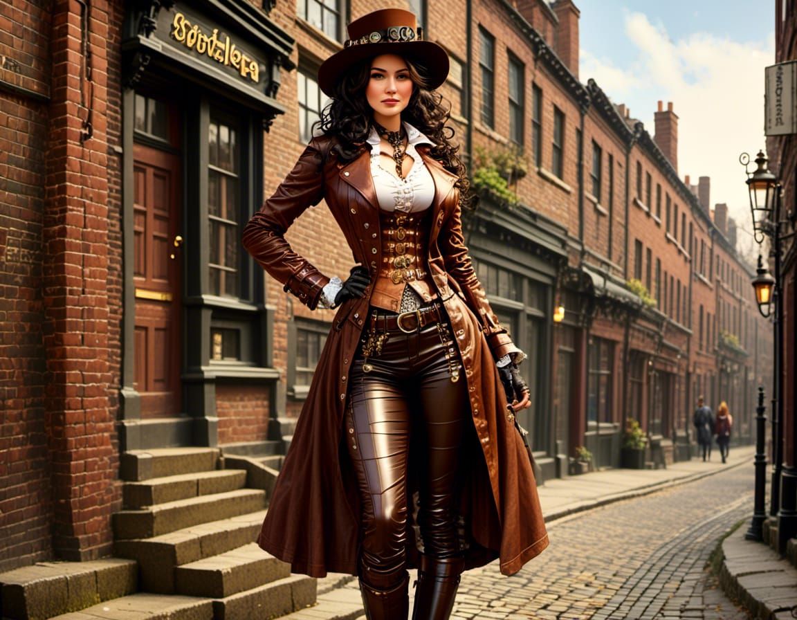 Steampunk Spy in 1890s London Street Scene