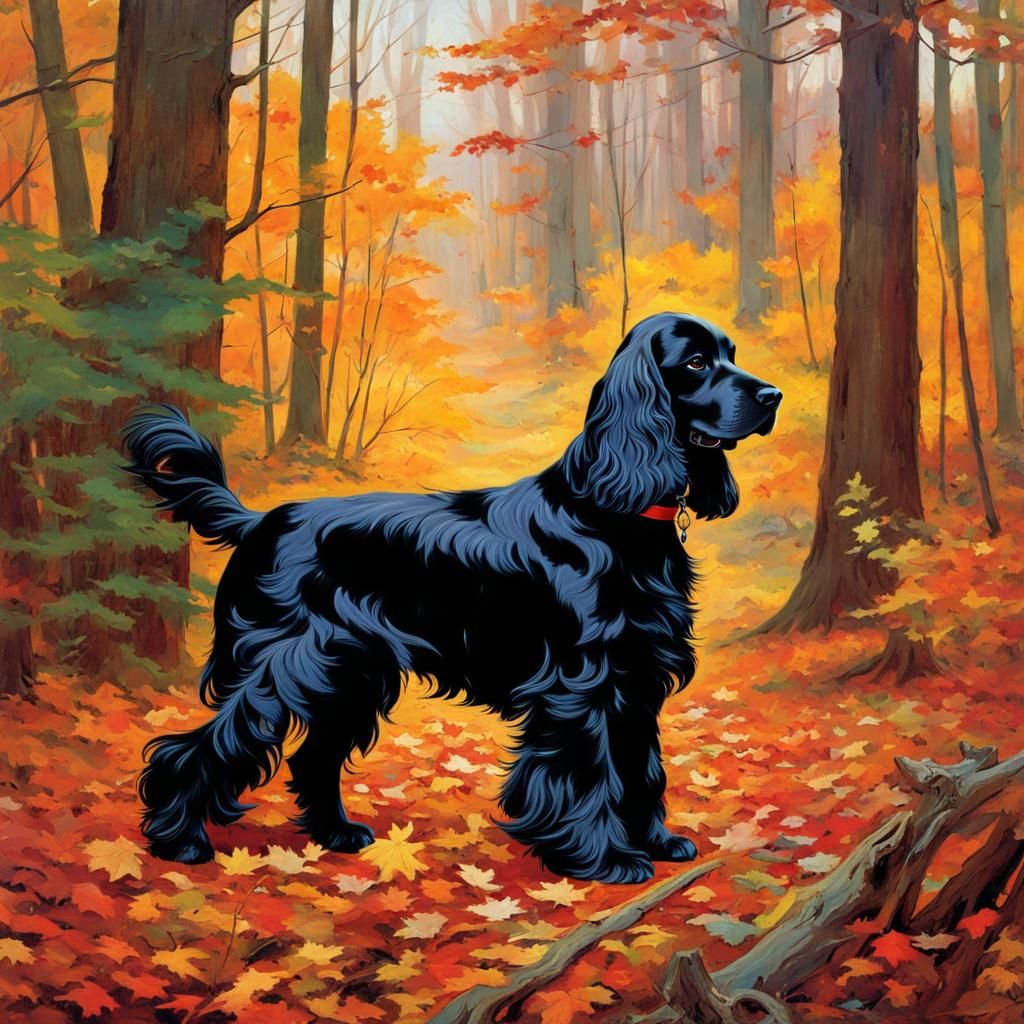 Cocker Spaniel in Autumn Forest, Anime Style