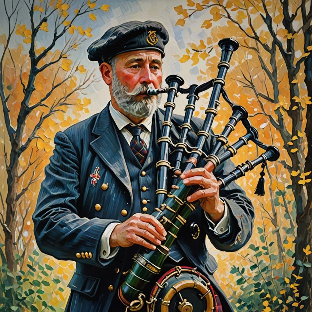 Impressionist Bagpiper Gouache Painting in Vibrant Colors
