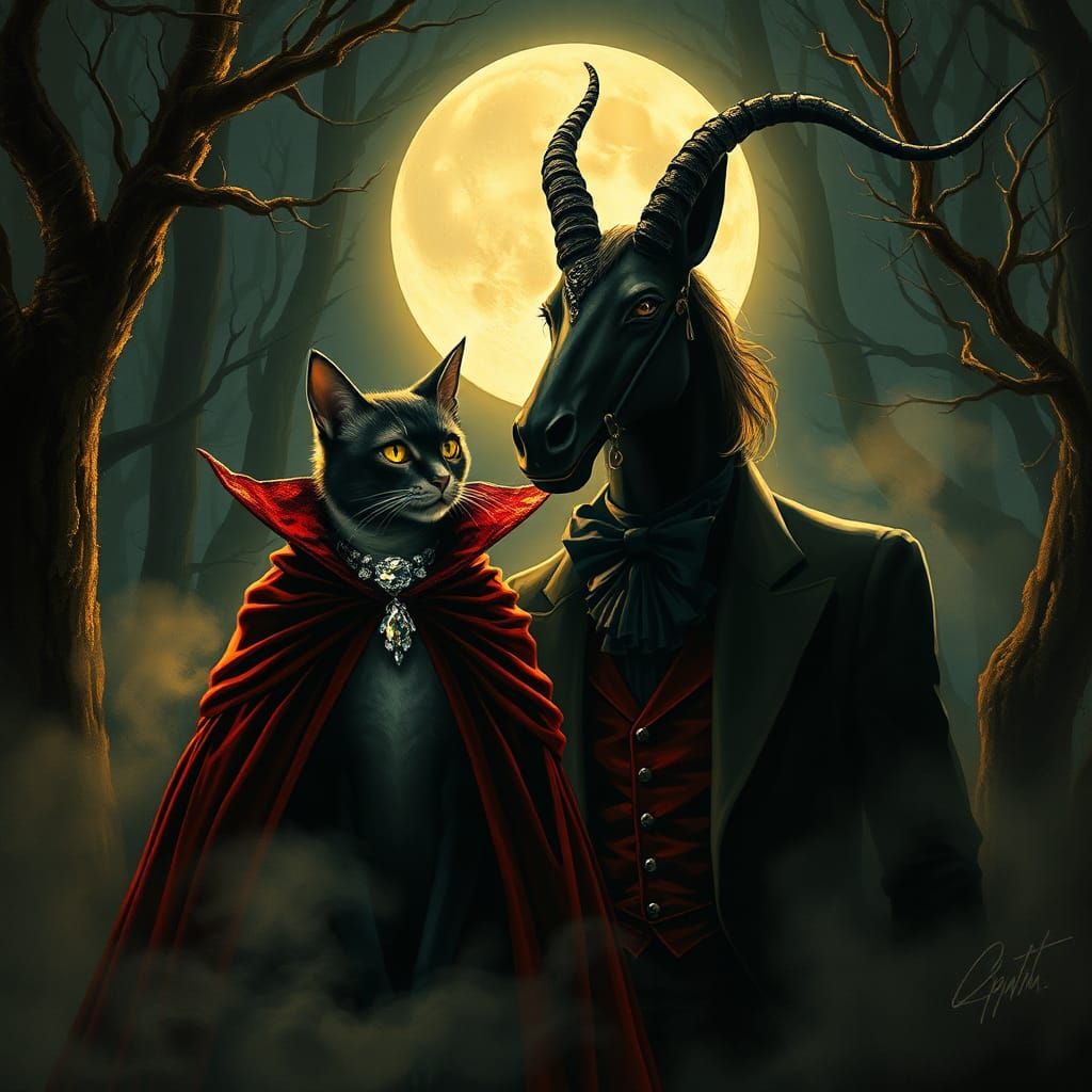 Vampire Cat and Centaur in Gothic Forest