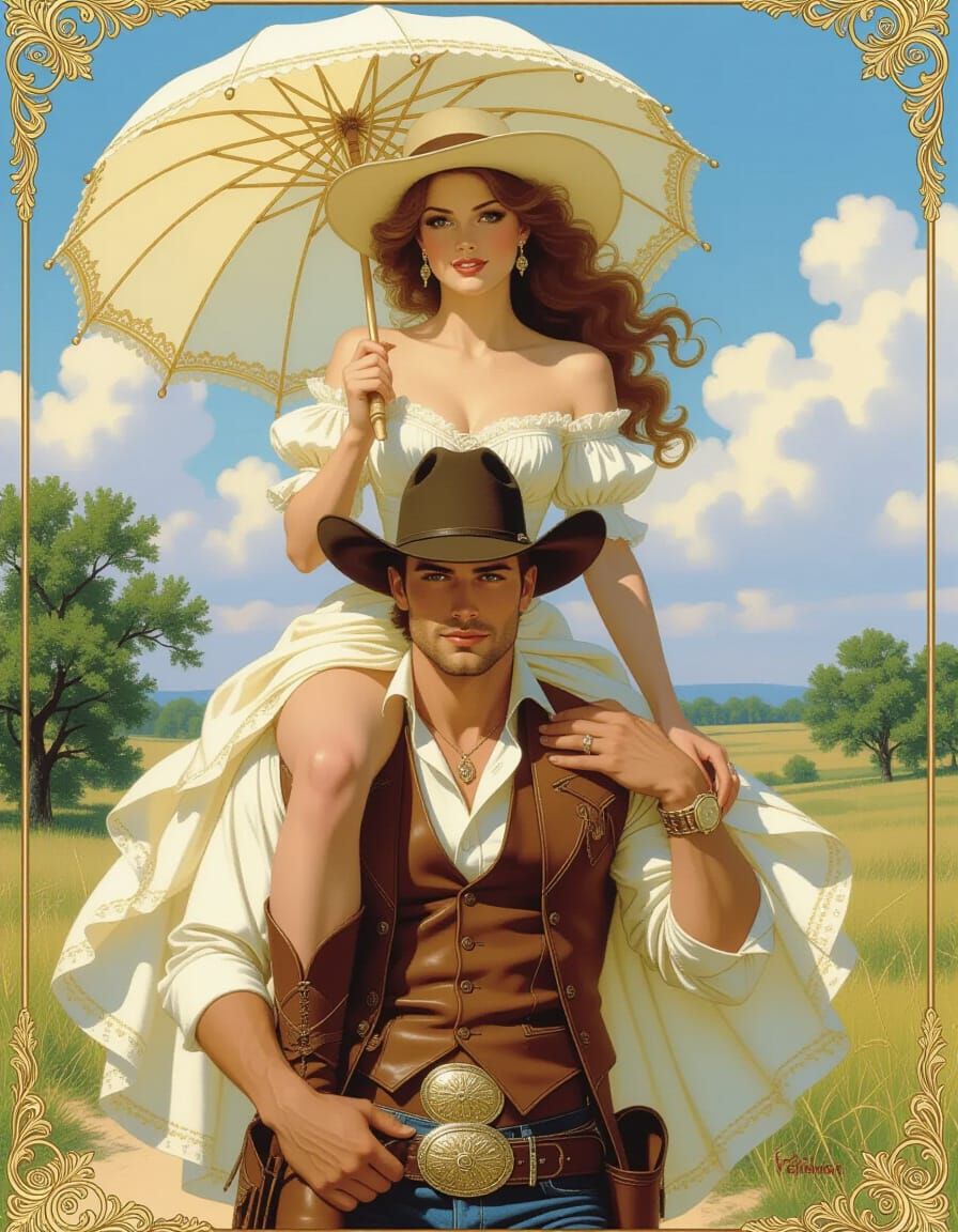 Southern Belle on Cowboy's Shoulders with Parasol