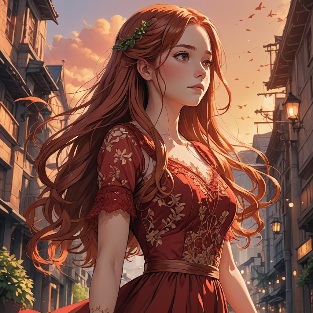 Ginny Weasley in Red Dress: Digital Anime Art