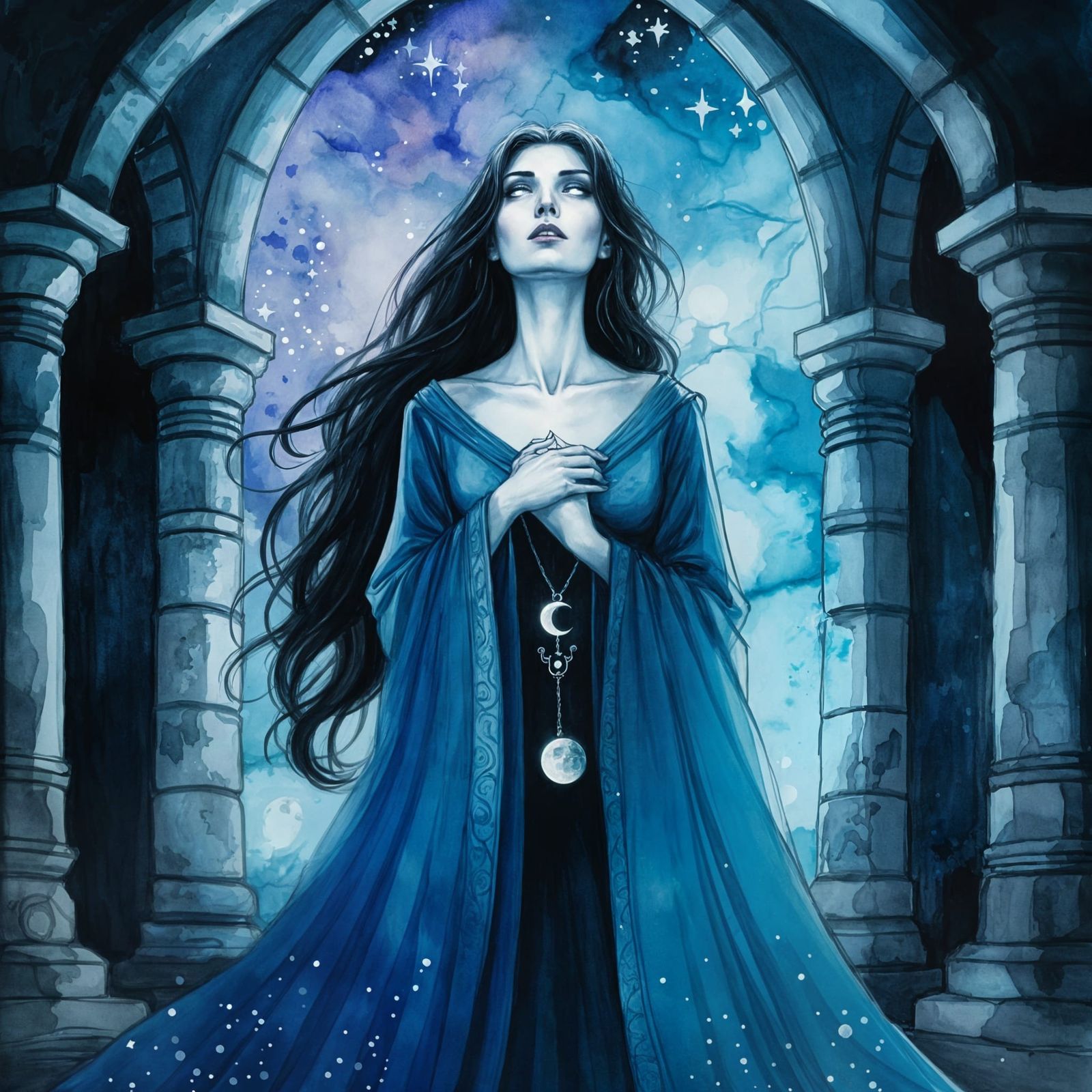 A Lunar Priestess Contemplates the Cosmos in a Celestial Tem...