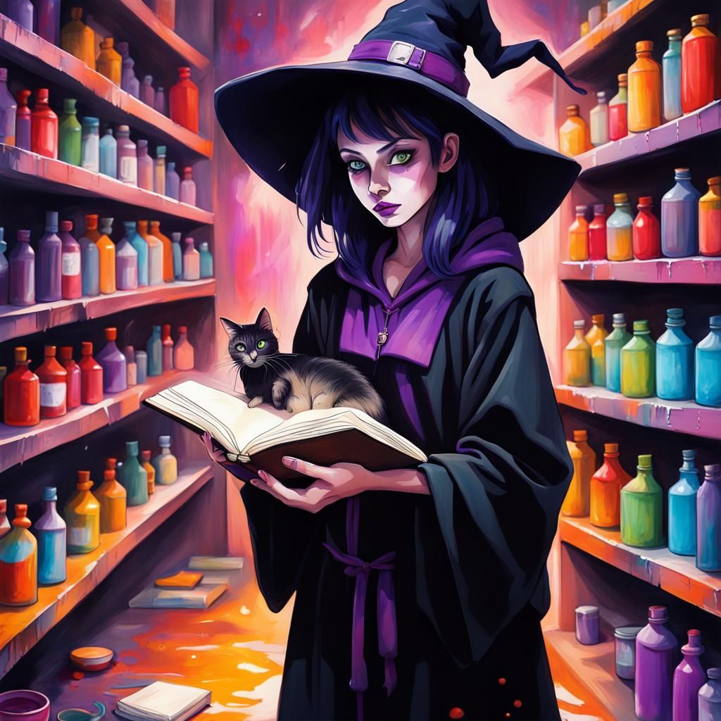 Young Witch with Spell Book in Graffiti Art Style