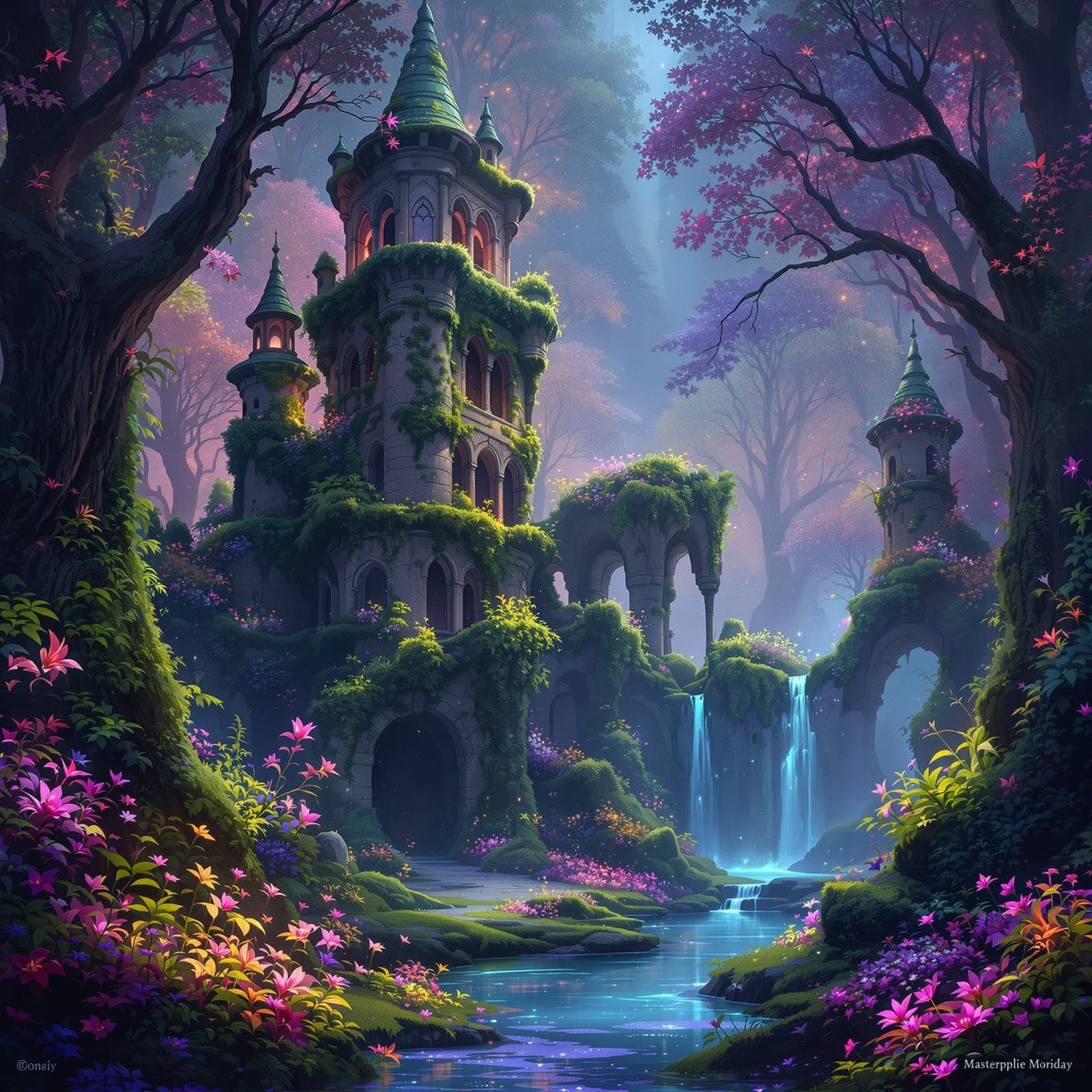 Bioluminescent Forest Envelops Ancient Castle Ruins