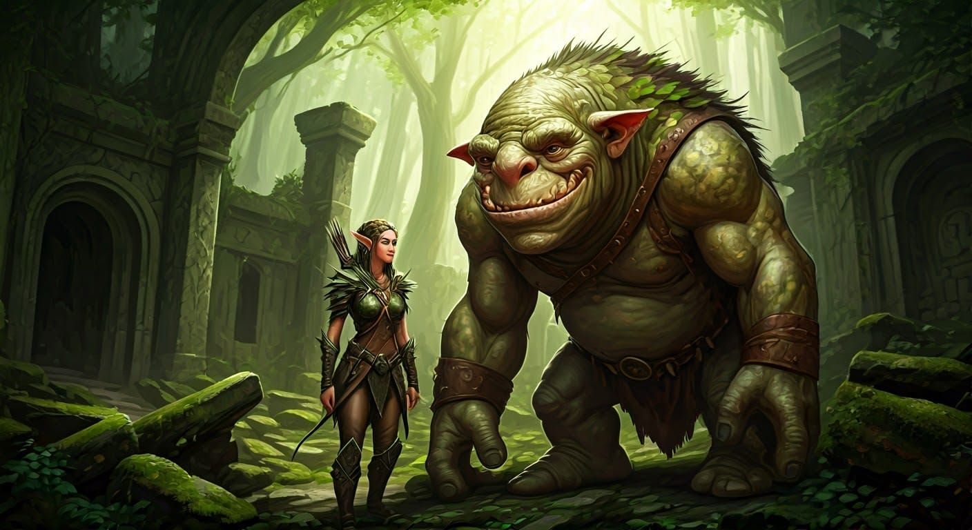 Gentle Troll Meets Elven Ranger in Dwarven Ruins