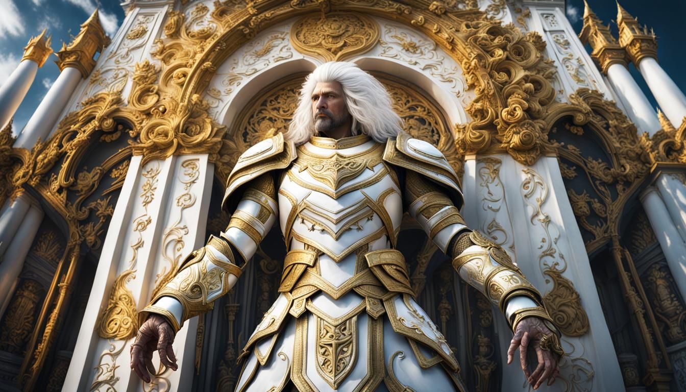 Celestial Guardian in White and Gold Armor