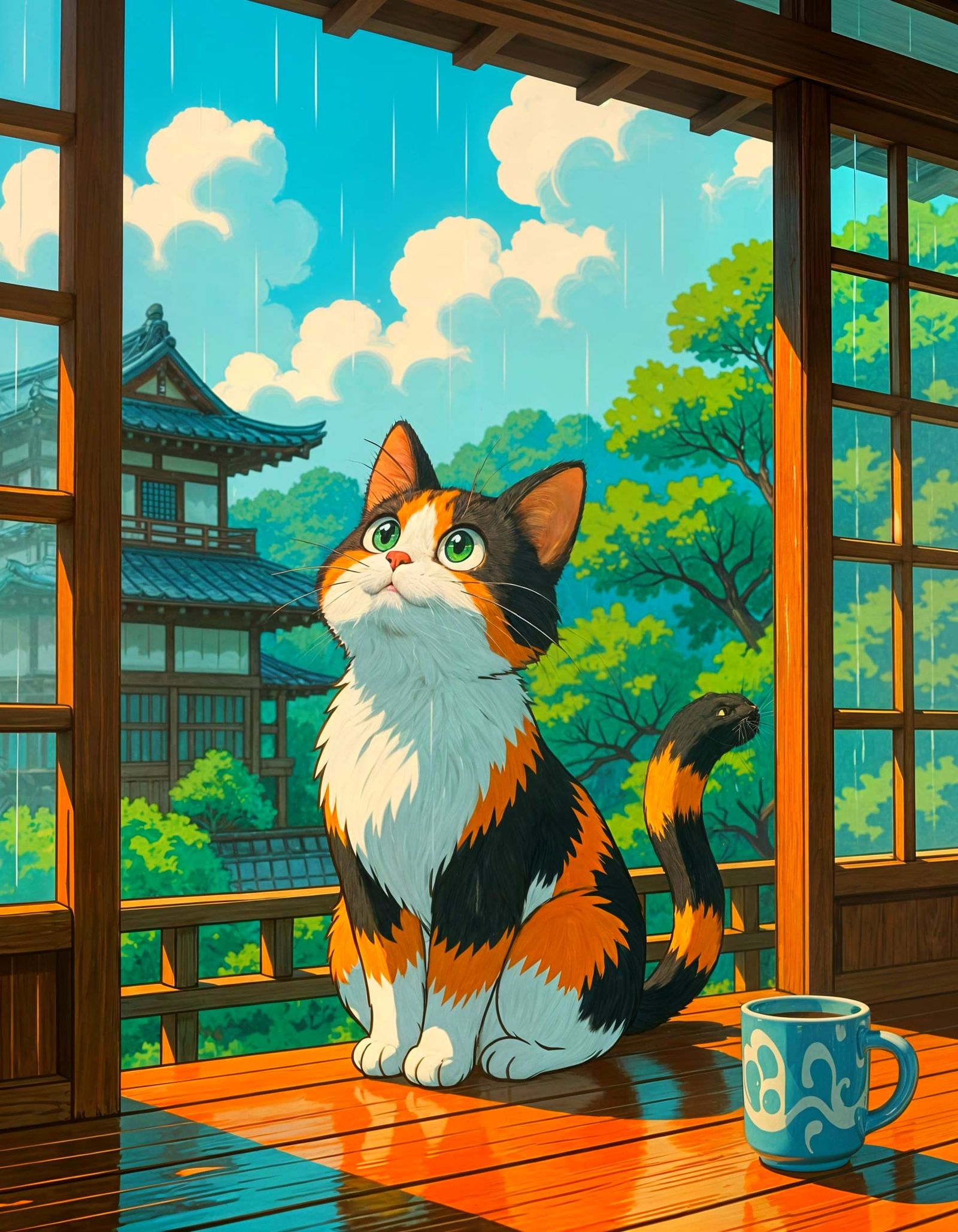 Pixar Cat in Rainy Japanese Garden