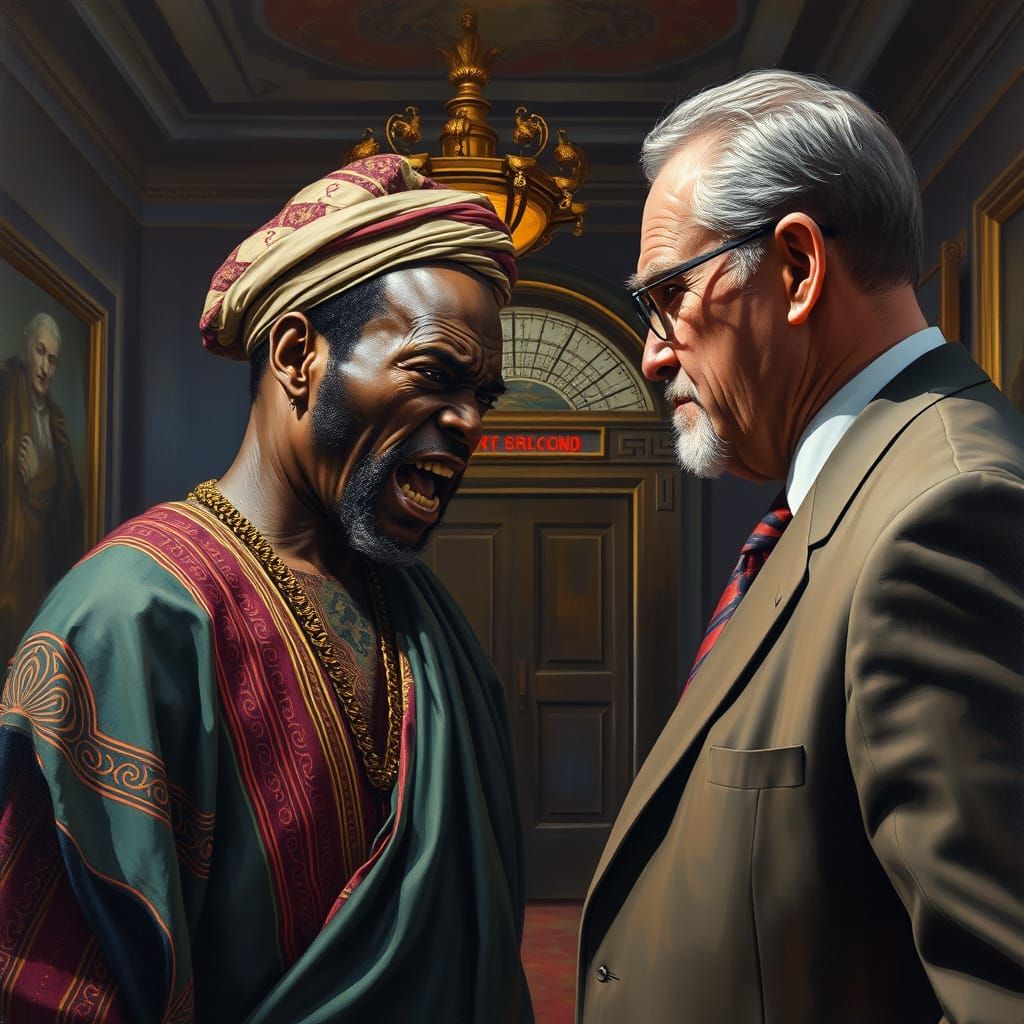 Angry Man Confronts Bureaucrat in Ornate Office