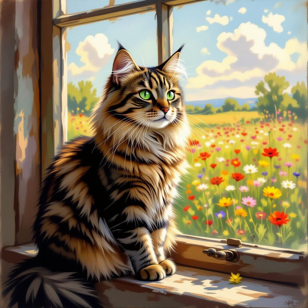 Tabby Cat Overlooking Meadow in Impressionistic Sunlight