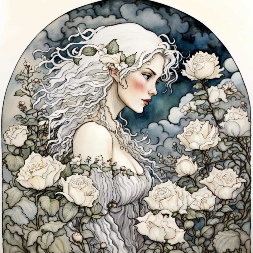 White-Haired Woman Among White Roses: Watercolor Illustratio...