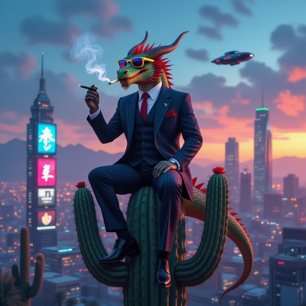 Dragon in Zoot Suit Overlooking Cyberpunk City