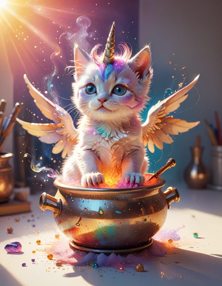 Whimsical Unicorn Kitten in Fantasy Art