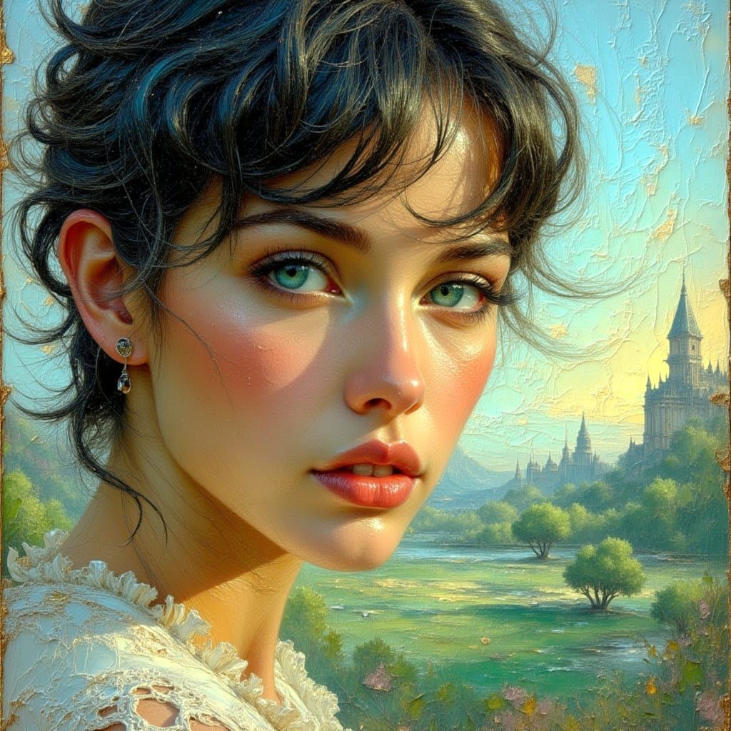 Beautiful Model in Oil Painting with Neon Cityscape