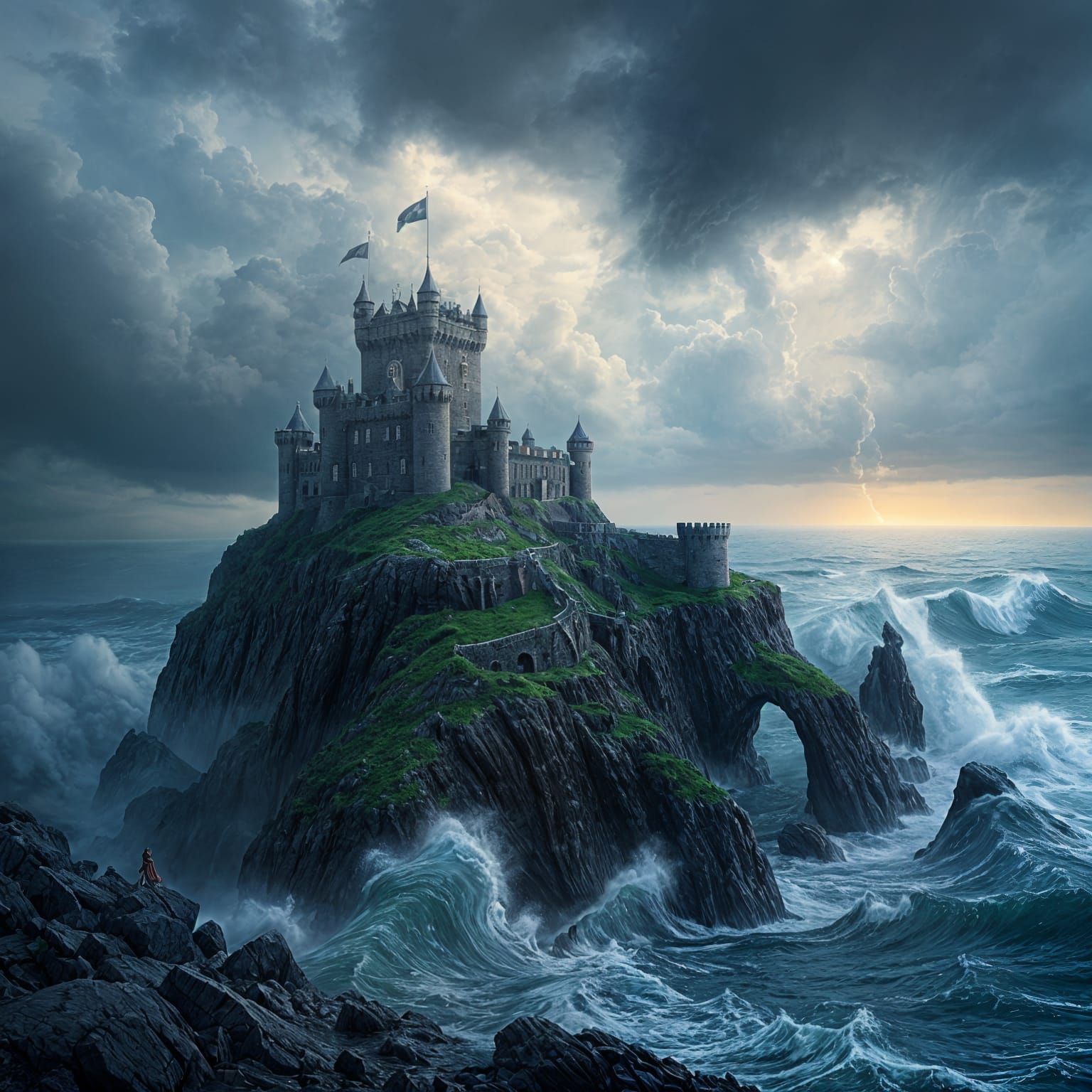 Medieval Irish Castle Perched on a Rocky Cliff Amidst a Turb...