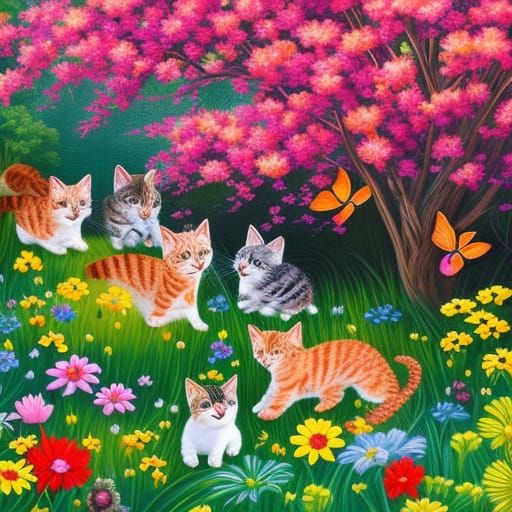 Kittens Frolicking in a Cartoon Garden
