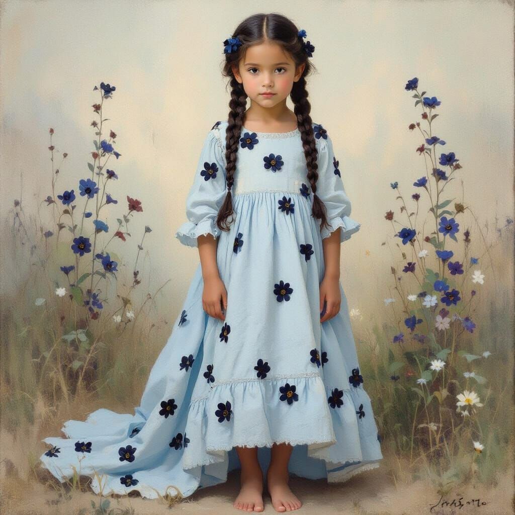 Girl in Blue Dress with Dark Flowers, Ethereal Light