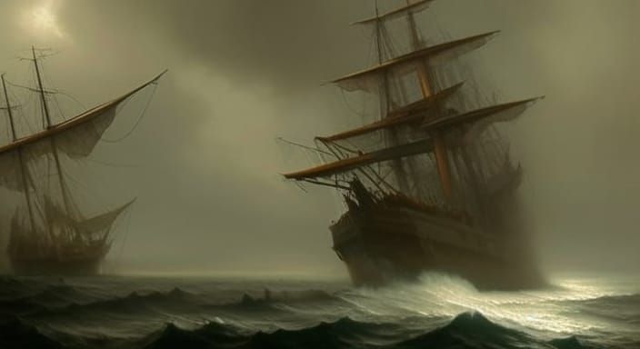 Ghost Ship Emerges from Foggy Sea: Aivazovsky Style