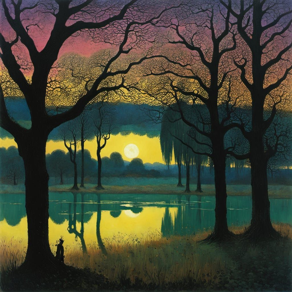 Landscape with Lake and Majestic Oak Trees at Dusk