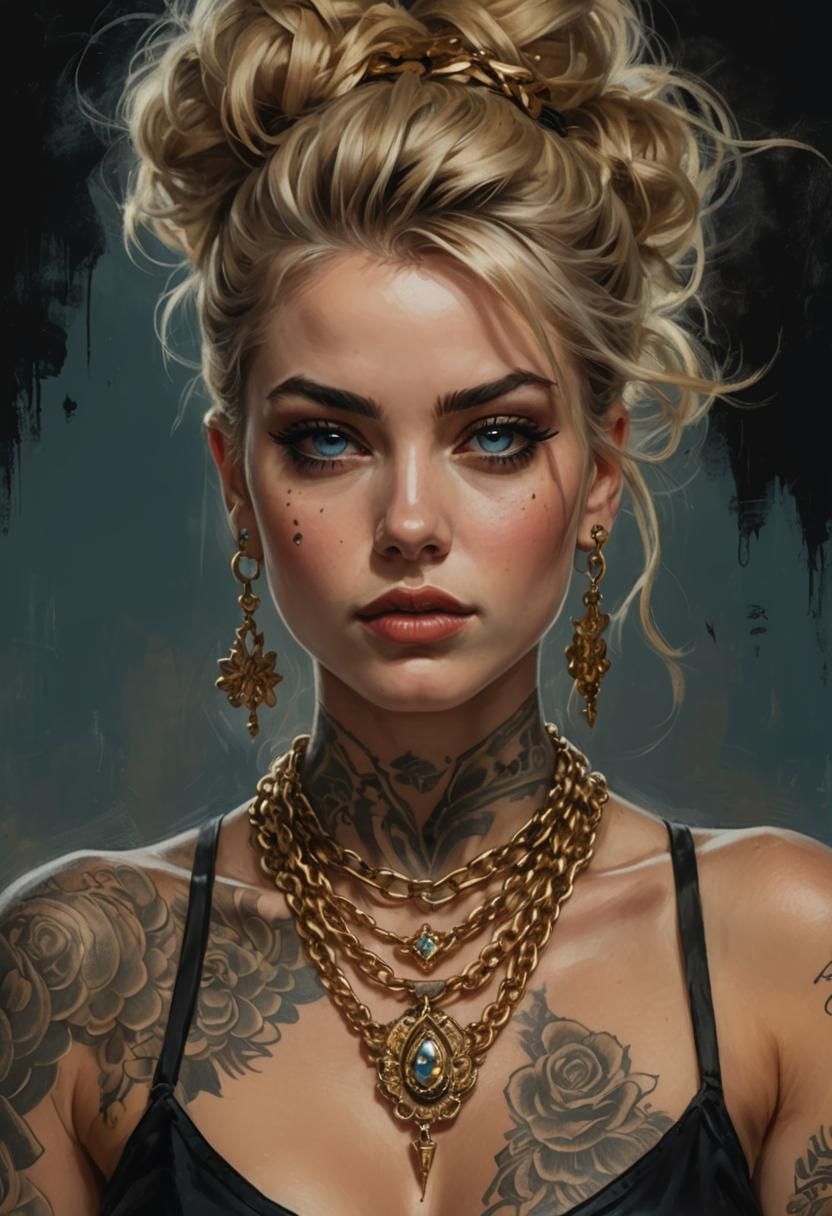 Blonde Pinup with Tattoos: An 8k Oil Painting