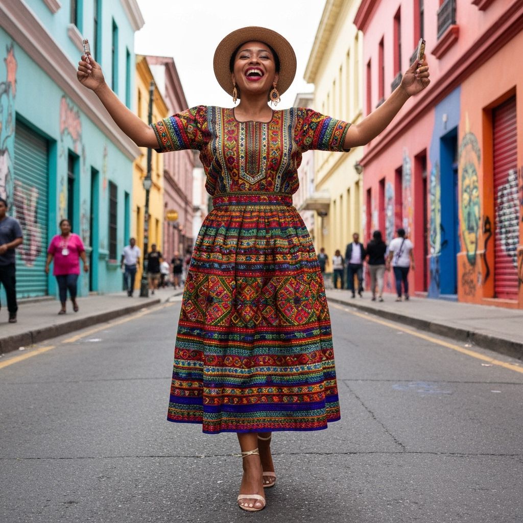 Smiling Colombian Woman in Vibrant Bogota Street Scene
