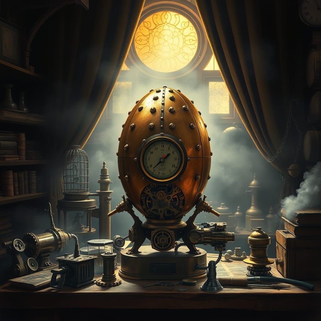 Mystical Laboratory in Dark, Coal-Scented Fog with Riveted B...