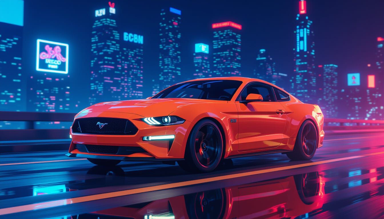 Orange Ford Mustang Speeds Down Neon City Street at Night