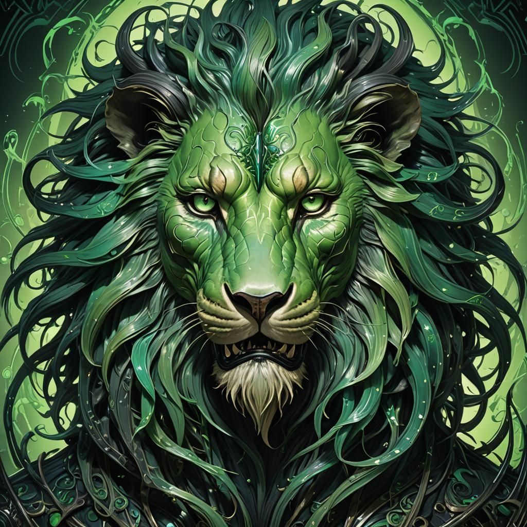 Bioluminescent Extraterrestrial Lion Portrait in Art Nouveau...