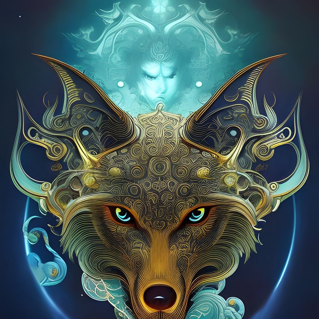 Mechanical Wolf with Solar Winds in Ink Illustration