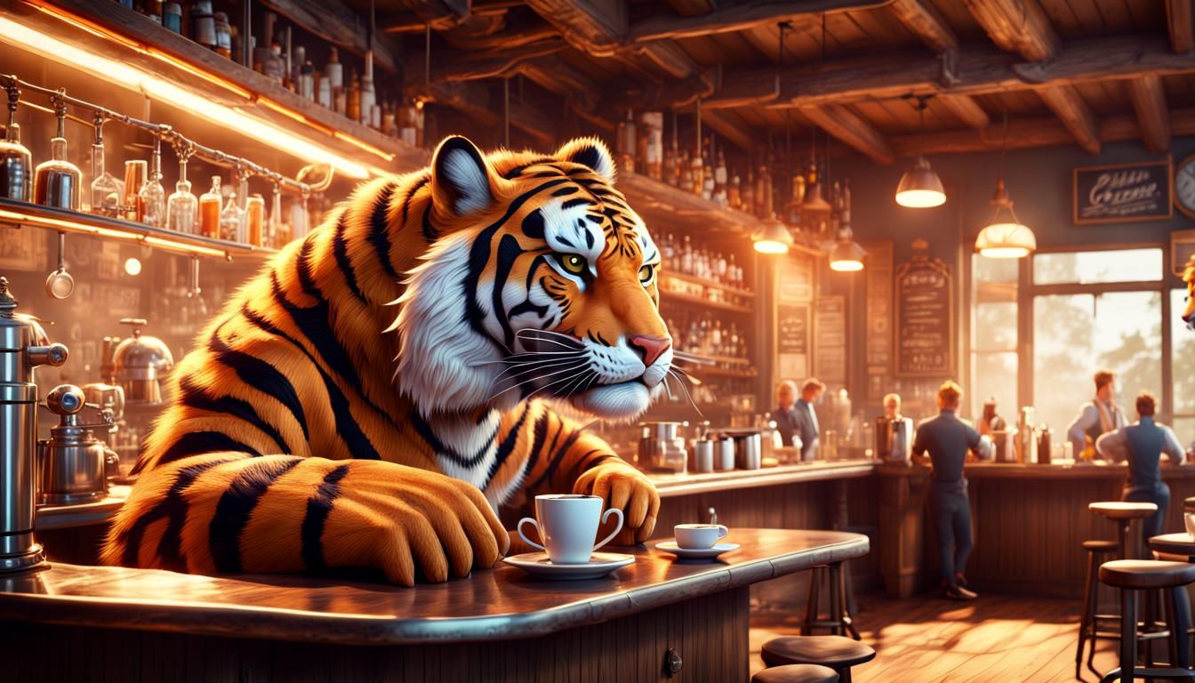 Cartoon Tiger Barista Serving Animal Customers