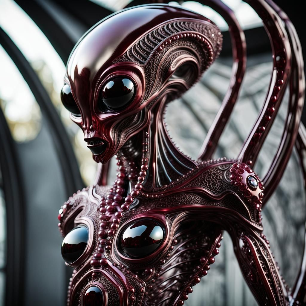 Glistening Alien Sculpture with Garnet and Pearl Inlays