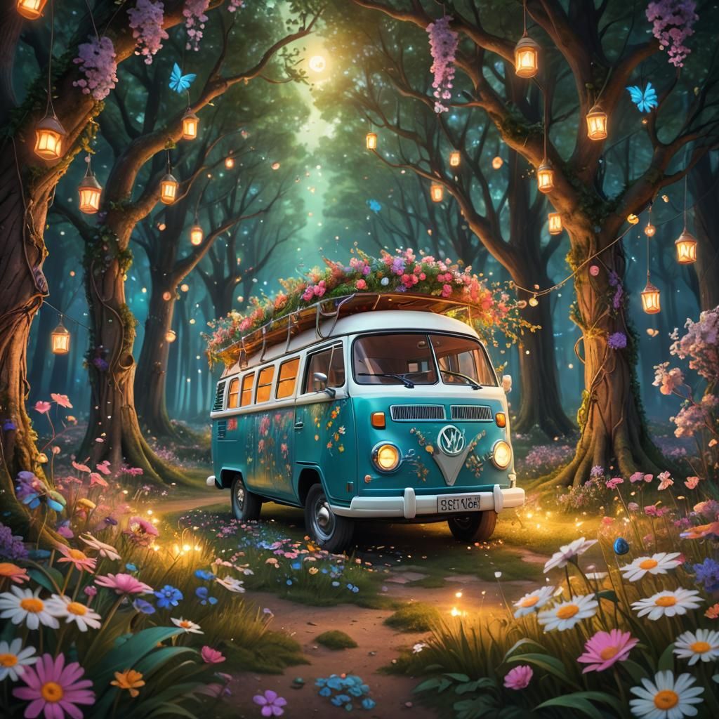 Fairytale Campervan in Blossom Forest: Fantasy Concept Art