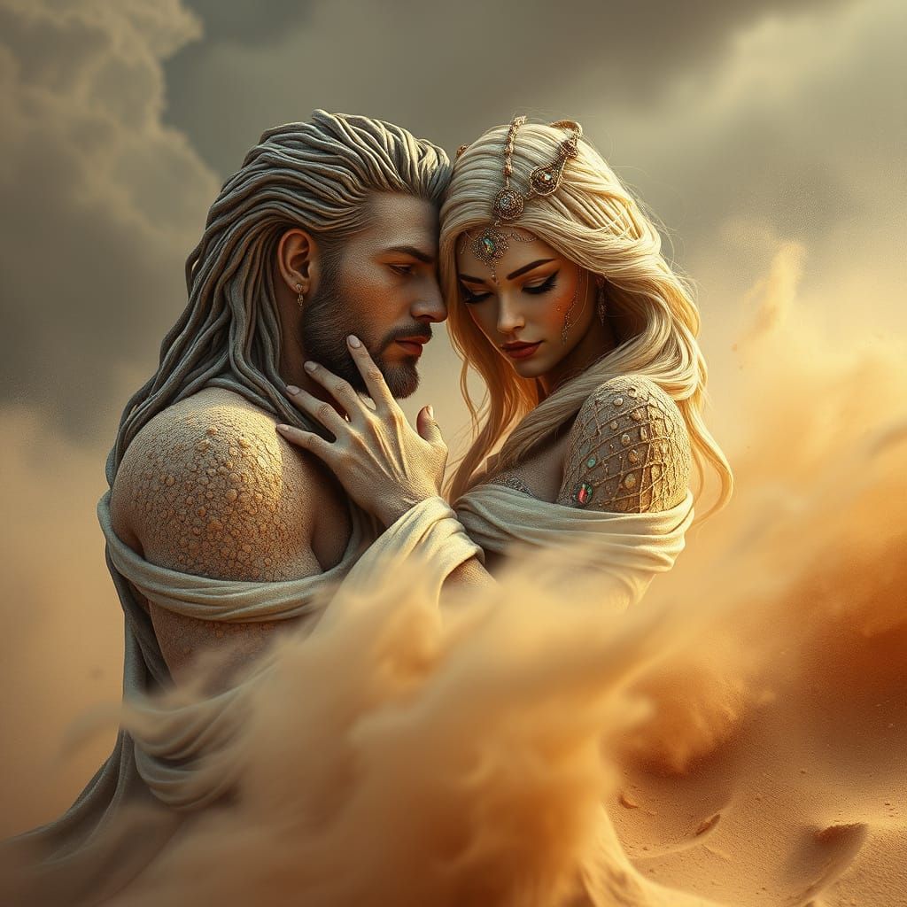 Majestic Sand God and Goddess in Intimate Embrace